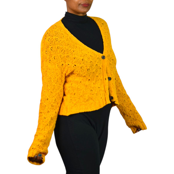 American Eagle Cropped Cardigan Sweater Yellow Slouchy Crochet Knit Boxy XS - Picture 6 of 13